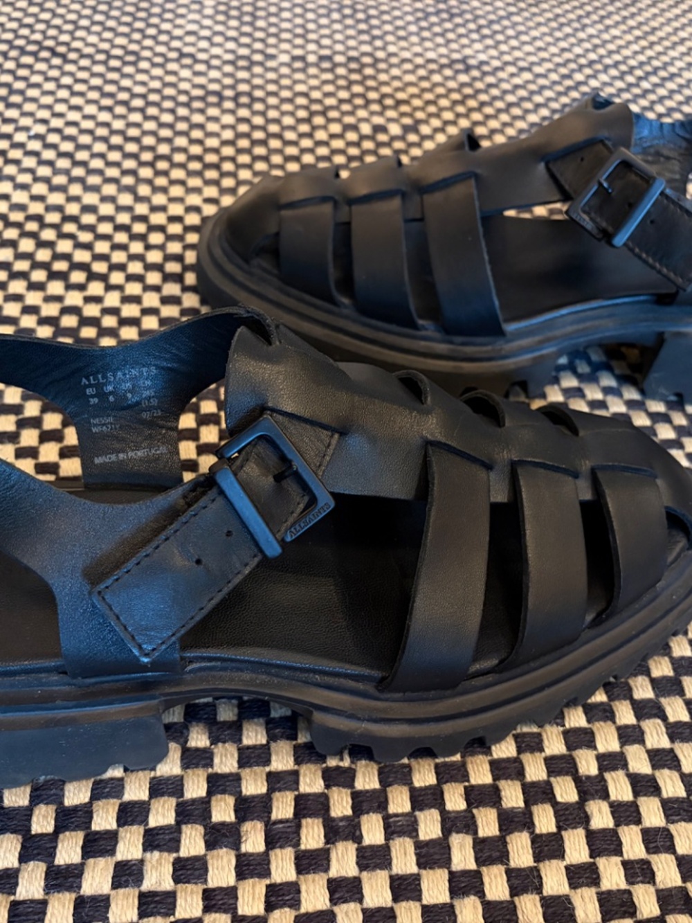 AllSaints Chunky Black Leather Sandals Size 9/39 - Picture 2 of 5